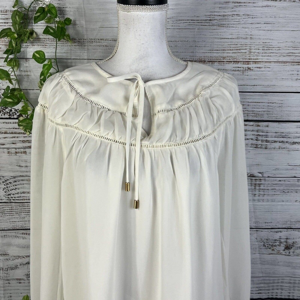 Ann Taylor Blouse Top size Small Cream Ivory Sheer Bow Peasant Prairie Wedding - Picture 3 of 13